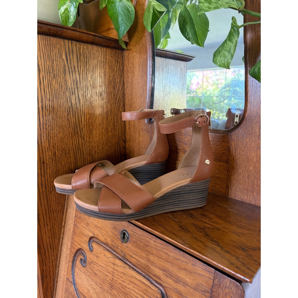 UGG Eugenia Chestnut Brown Leather Ankle Strap Wedge Sandals 7